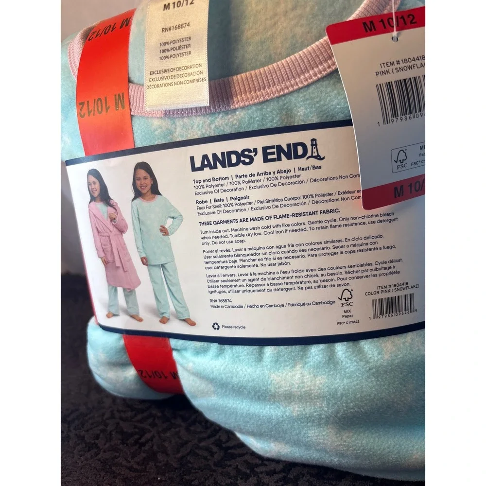 Lands End Youth 3-Piece Sleep Set Pink Hooded Robe Blue Pajamas‎ M 10/12 NEW